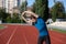 Bearded fit man warms up before training