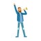 Bearded football fan character in blue standing and holding vuvuzela vector Illustration