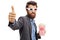 Bearded guy with 3D glasses and popcorn making thumb up