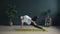 Bearded guy practising advances side plank position doing yoga in sports center