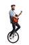 Bearded guy riding a unicycle and playing a guitar
