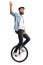 Bearded guy on a unicycle waving at the camera