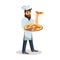 Bearded handsome cook standing and keeping pizza in hands. Friendly waiter at work.