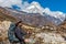 Bearded Hiker with Backpack staying and looking up