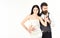 Bearded hipster with bride dressed up for wedding ceremony, copy space. Couple in love, bride and groom in elegant