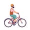 Bearded hipster man in hat and casual clothes riding city bike. Funny male character on bicycle. Pedaling bicyclist