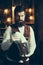 Bearded hipster wear waistcoat.Brutal bearded servant. Hipster barman in waistcoat and gloves. Barman. Waiter is wearing