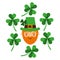 Bearded leprechaun face with green clovers falling