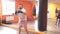 Bearded male boxer boxing in gym, slow motion, make fun