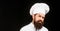 Bearded male chefs isolated on black. Cook hat. Confident bearded male chef in white uniform. Serious cook in white