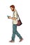 Bearded male pedestrian looks at a mobile phone