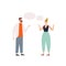 Bearded male talking to female with speech bubbles vector flat illustration. Angry couple discussing each other isolated