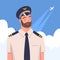 Bearded Man Aircraft Pilot or Aviator in Cap and White Shirt with Blue Sky Behind Vector Illustration
