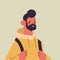 Bearded man with backpack looking in camera smiling guy avatar male cartoon character portrait