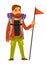 Bearded man with big rucksack and flag on long stick