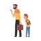 Bearded Man with Briefcase Traveling with His Son, Tourist Calling Taxi Car or Using Mobile Taxi Call Application Vector