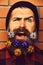 Bearded man, brutal caucasian squinting hipster with gift decorative stars