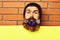 Bearded man, brutal caucasian surprised hipster with gift decoration stars