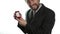 Bearded man in a business suit gives a ring in the red box and expresses different emotions