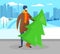 Bearded Man Carry Green Christmas Tree at City.