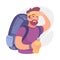 Bearded Man Character with Backpack Looking Into the Distance Vector Illustration
