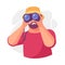 Bearded Man Character with Binoculars Looking Into the Distance Vector Illustration