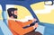 Bearded Man Character Driving Car Sitting on Driver Seat Inside Vehicle Vector Illustration