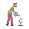 Bearded Man Character with Watering Can Cultivating Money Tree Vector Illustration
