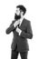 Bearded man confident posture isolated white. Hipster with beard formal suit office worker. Businessman formal suit