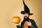 Bearded man cook in Halloween hat with pumpkin. Happy Halloween Weekends. Trick or treat. Happy Halloween Stickers
