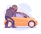 Bearded Man Criminal in Mask Breaking Car Committing Crime Vector Illustration