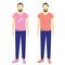 A bearded man in different T-shirts. Pink t-shirt with a heart. Orange t-shirt. Flat vector illustration isolated on white