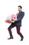 bearded man with falling gift boxes,