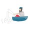 Bearded man fisherman sitting in a boat and fishing with fishing rods. Vector illustration