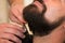 Bearded man get beard haircut by hairdresser while sitting in chair barber