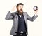 Bearded man holds clock and screams. Clock, too busy, lack of time, timeless, hurry, no time business, stress concept