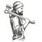 A bearded man in a hoodie holds an axe on his shoulder hand drawn vector illustration sketch