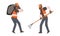 Bearded Man Janitor Wearing Orange Vest Carrying Bag with Garbage and with Rake Vector Set