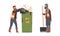 Bearded Man Janitor Wearing Orange Vest Gathering Garbage in Dustbin and Standing with Shovel Vector Set