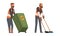 Bearded Man Janitor Wearing Orange Vest Pulling Dustbin and Sweeping Ground Vector Set