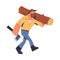 Bearded Man Logger or Lumberjack in Checkered Shirt Carrying Log and Axe Vector Illustration