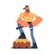 Bearded Man Logger or Lumberjack in Checkered Shirt Standing on Tree Stump with Axe Vector Illustration