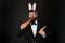 Bearded man with long ears. Businessman with long ears. Handsome man wear bunny costume accessory. Carrot is good for