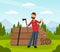 Bearded Man Lumberjack in Red Checkered Shirt Working with Wood Chopper and Lumber Vector Illustration