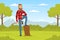 Bearded Man Lumberjack or Woodman in Red Checkered Shirt with Ax Leaning on Tree Stump Vector Illustration