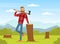 Bearded Man Lumberjack or Woodman in Red Checkered Shirt with Ax Leaning on Tree Stump Vector Illustration