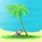 Bearded man is lying on a deck chair on the beach with laptop under the palm trees. Concept telework, freelance and