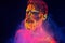 Bearded man painted in fluorescent powder on a background of smoke