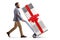 Bearded man pushing a hand truck with a portable air conditioner tied with a red ribbon