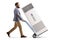 Bearded man pushing a hand-truck with a portable self standing ac unit